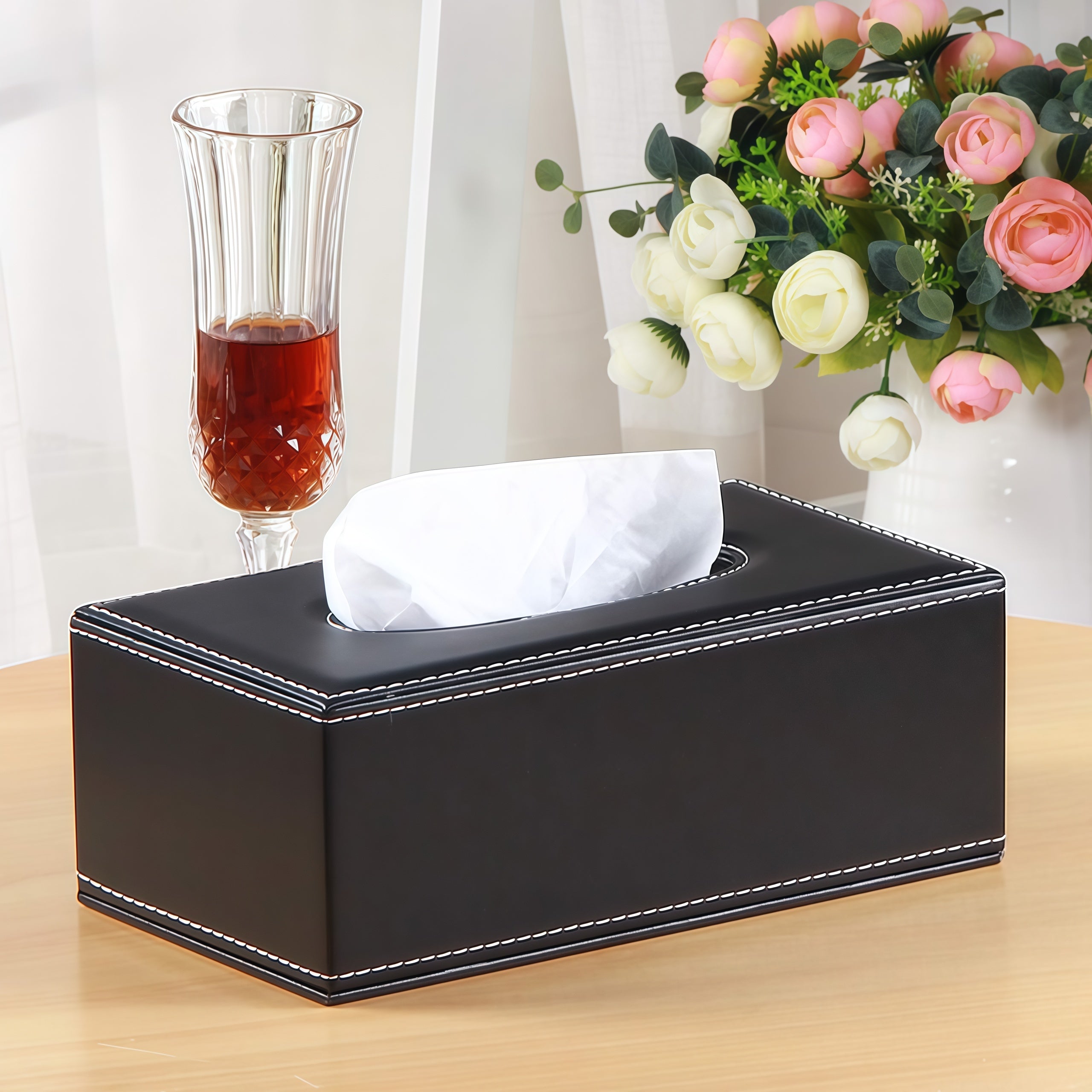 PU Leather Tissue Box Holder Black with lid